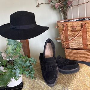 Clarks! Black Suede platform loafer.